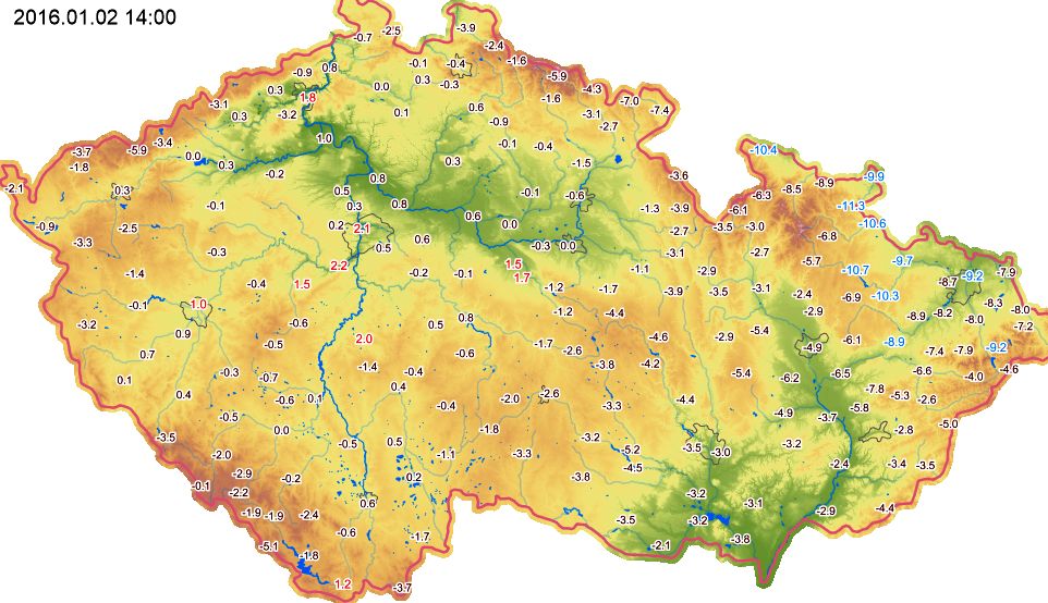 Mapa teplot ČR 2-1-2016 14,00 hod